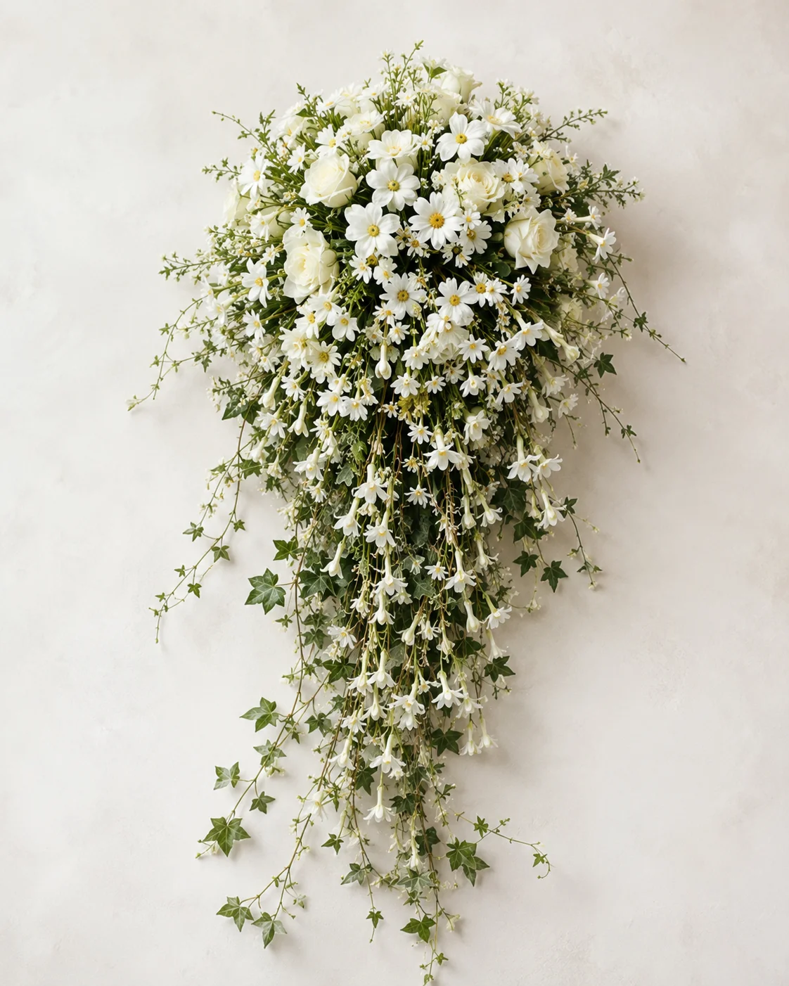 Cascading silk bridal bouquet with white blooms, cream roses and long trailing ivy