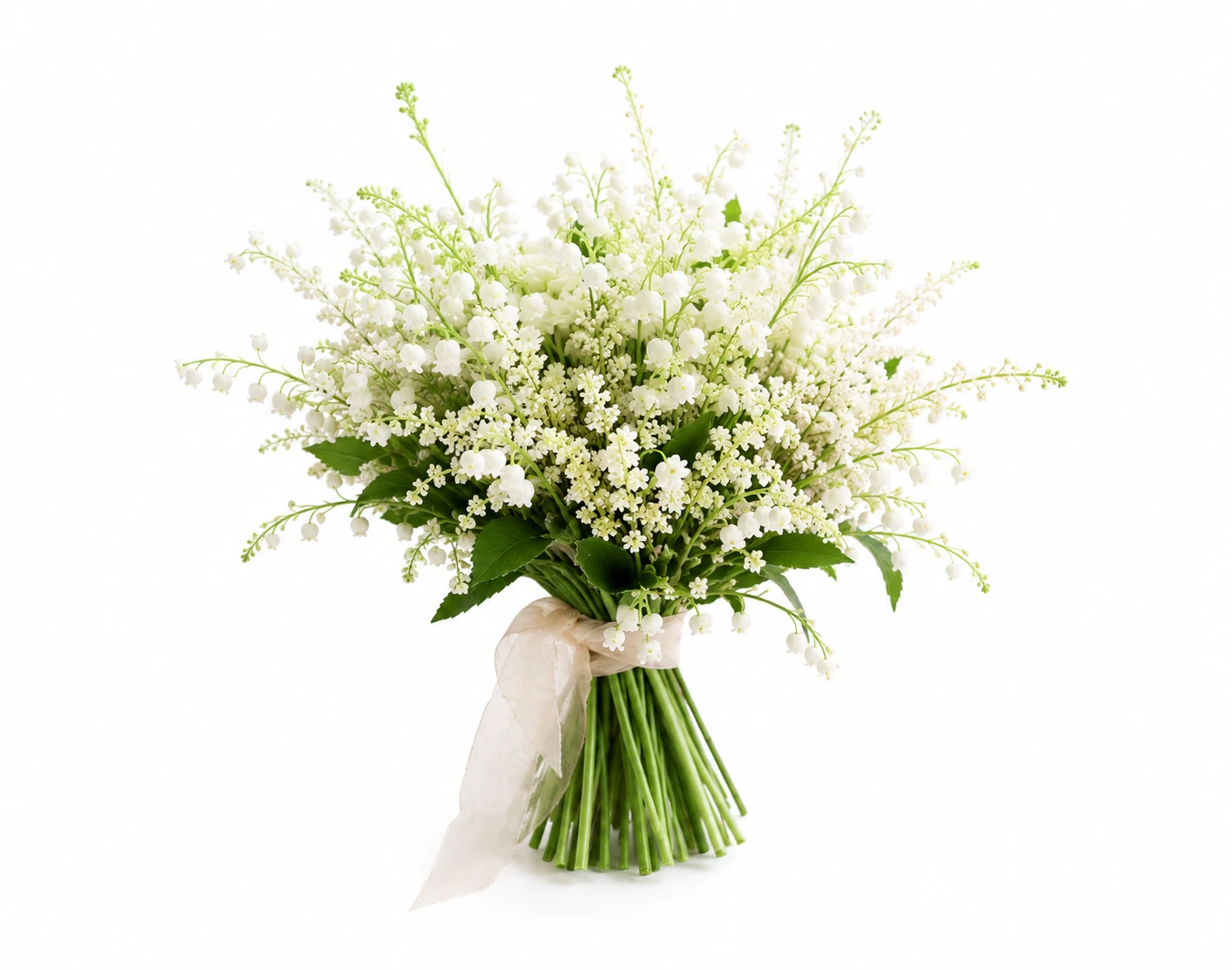 Small hand tied silk garden bouquet of lily of the valley with exposed stems and ribbon