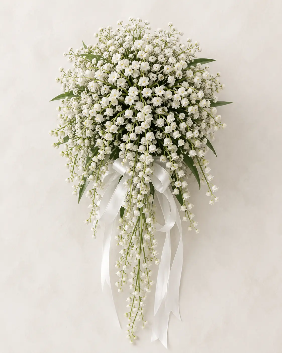 Cascading silk lily of the valley bridal bouquet with white satin ribbon streamers