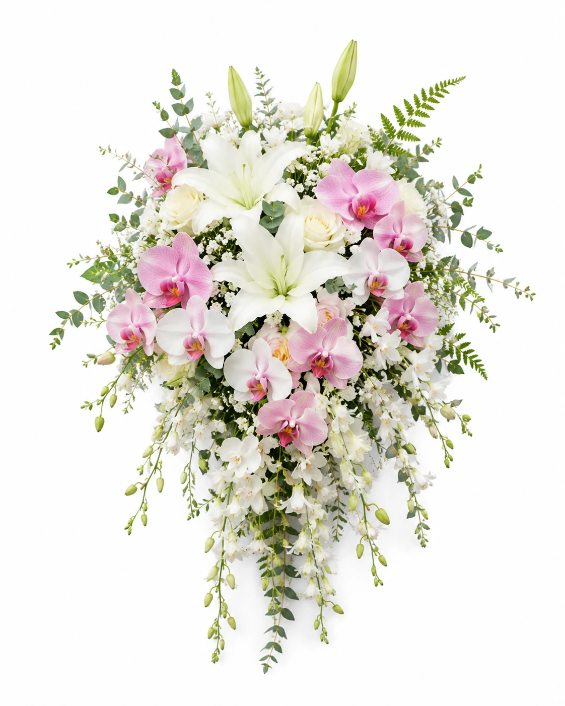 Cascading silk bridal bouquet with pink and white orchids, white lilies and cream roses