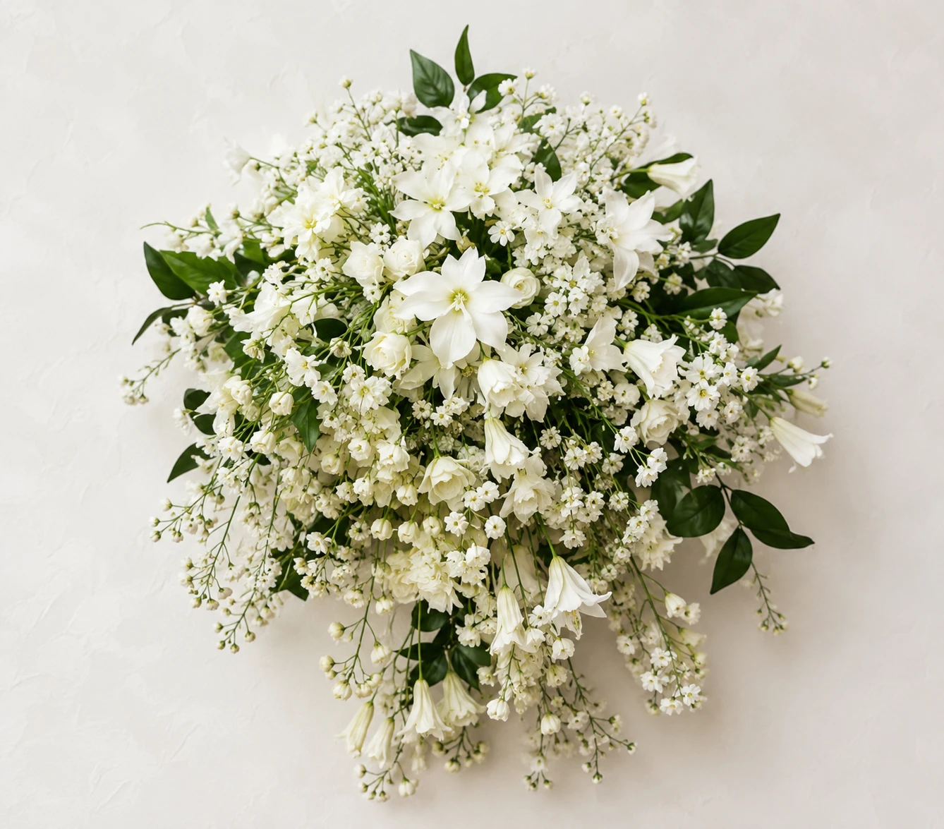 Rounded all white silk bridal bouquet with roses, star blooms and green foliage